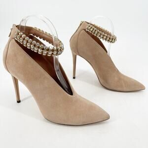 Jimmy Choo Beige Suede Lux 100 Crystal Vamp Pointed Toe Bootie Heels IT 40